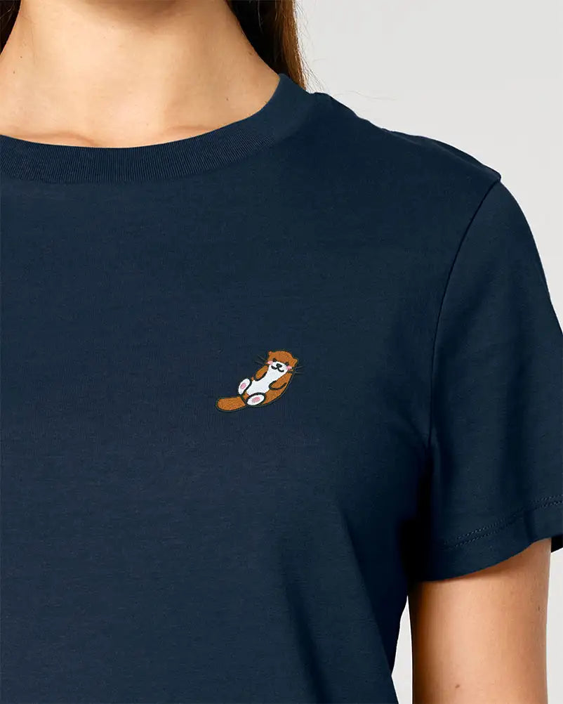 T-shirt bleu femme avec pictogramme loutre brodé