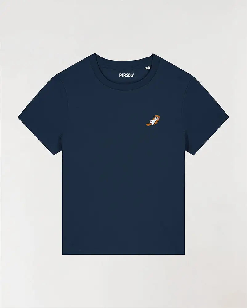 T-shirt bleu femme avec pictogramme loutre brodé