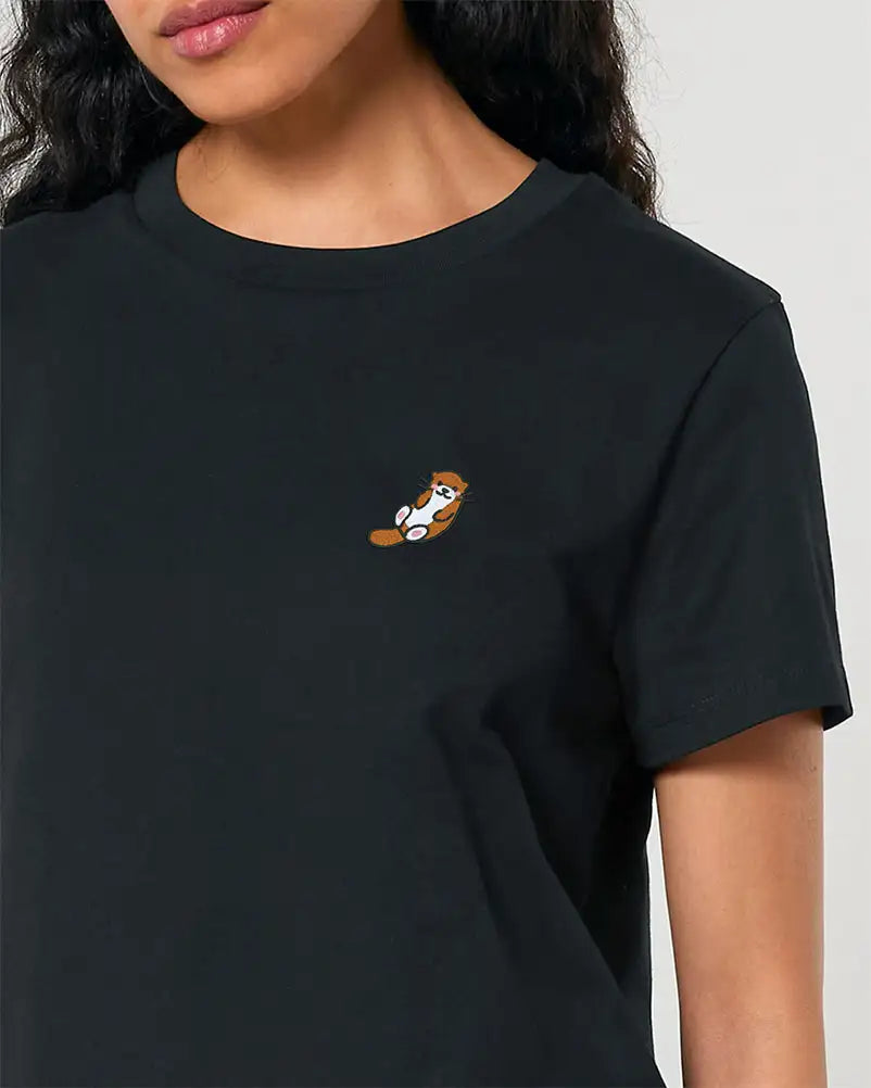 T-shirt noir femme avec pictogramme loutre brodé