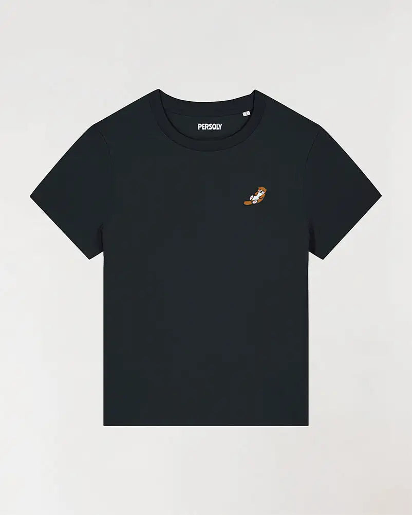 T-shirt noir femme avec pictogramme loutre brodé