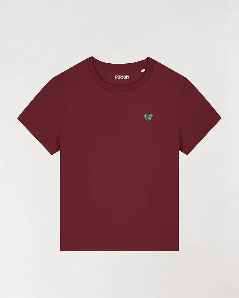 T-shirt femme bordeaux avec coeur planète brodé