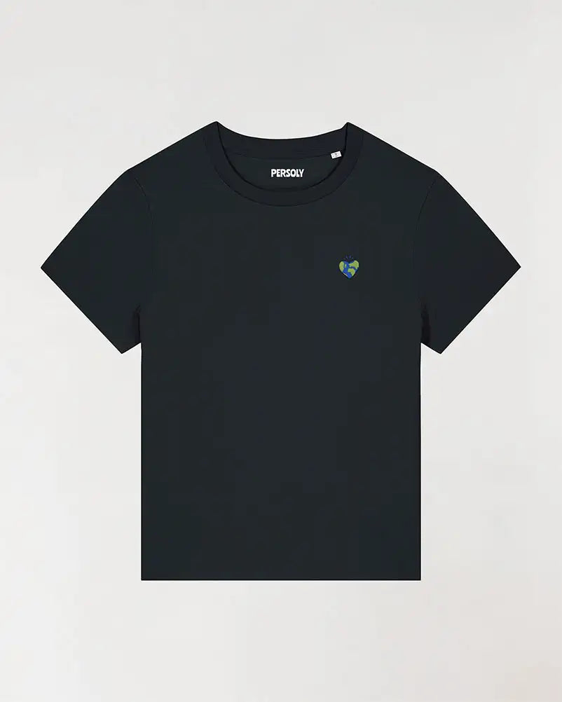 T-shirt femme noir avec coeur planète brodé