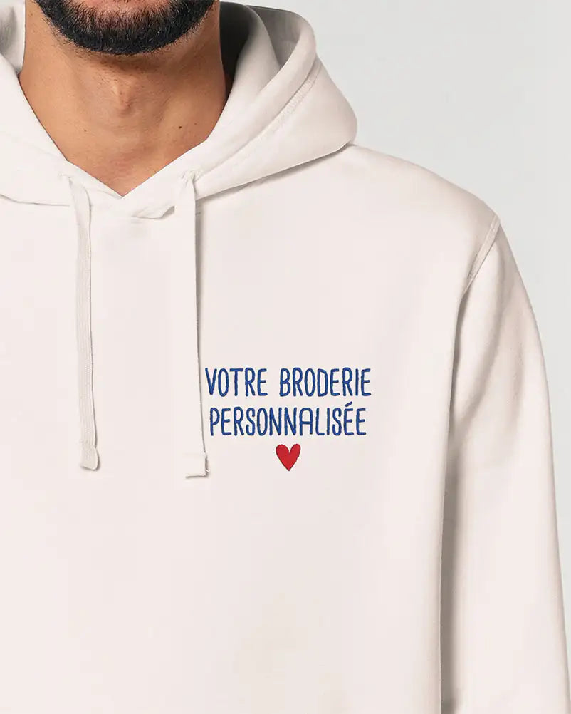 Sweat capuche unisexe beige avec texte brodé personnalisé
