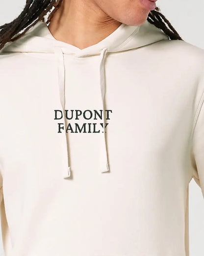 Sweat capuche beige avec texte brodé personnalisé au centre