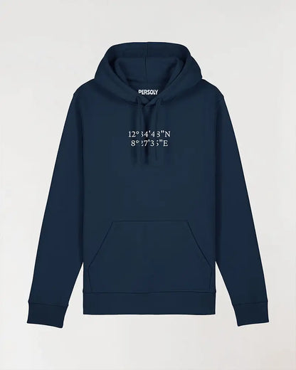 Sweat capuche bleu avec texte brodé personnalisé au centre