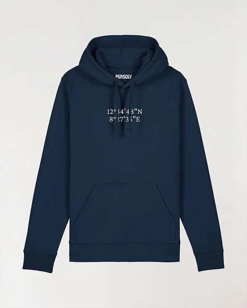Sweat capuche bleu avec texte brodé personnalisé au centre