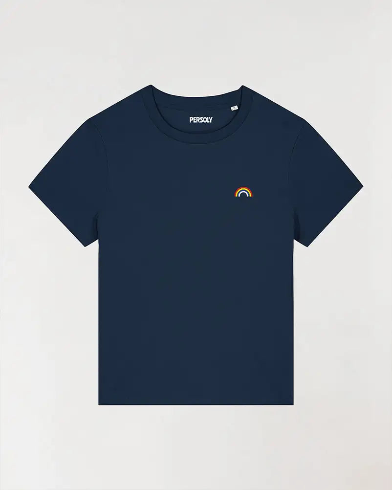 T-shirt bleu pour femme avec arc-en-ciel brodé