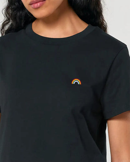 T-shirt noir pour femme avec arc-en-ciel brodé