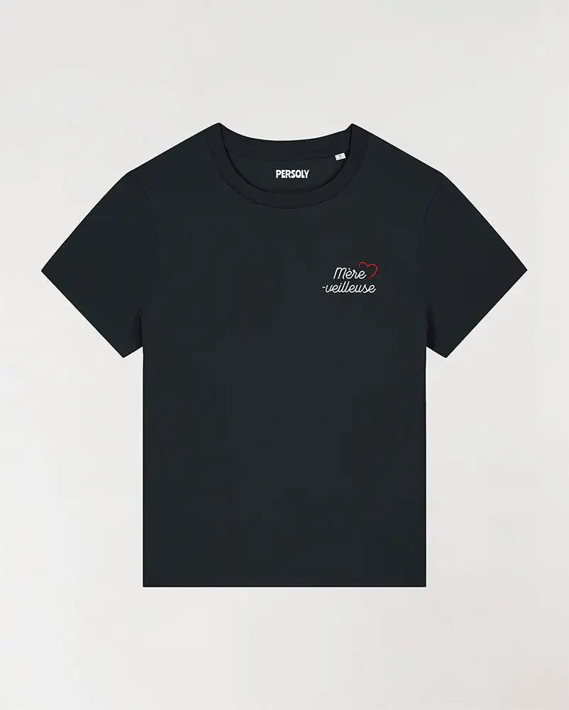 T-shirt noir pour femme avec mère-veilleuse brodé