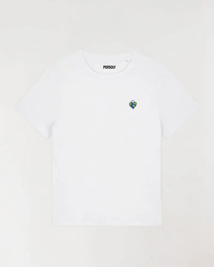 T-shirt femme blanc avec coeur planète brodé