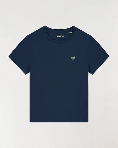 T-shirt femme bleu avec coeur planète brodé