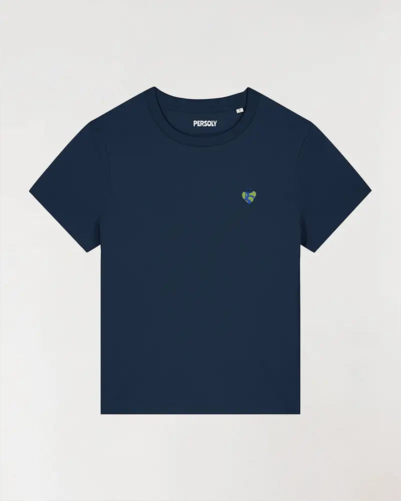 T-shirt femme bleu avec coeur planète brodé