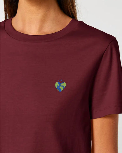 T-shirt femme bordeaux avec coeur planète brodé