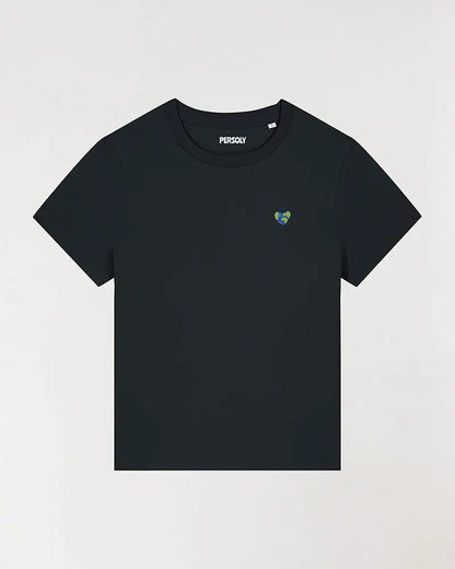 T-shirt femme noir avec coeur planète brodé